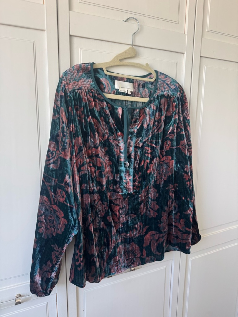 Anthropologie Velvet Floral Button-Front Top in Teal and Rose